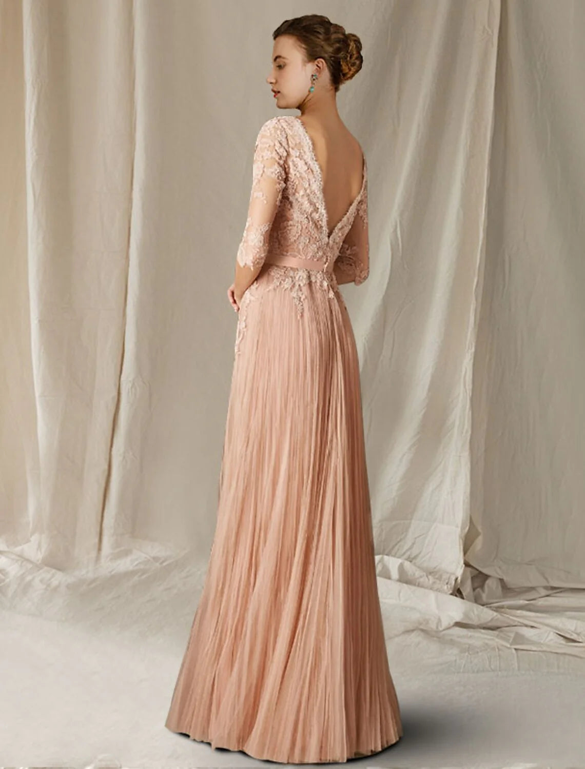 Wholesale A-Line Mother of the Bride Dress Wedding Guest Luxurious Elegant V Neck Floor Length Lace Tulle Half Sleeve with Pleats Appliques Fall
